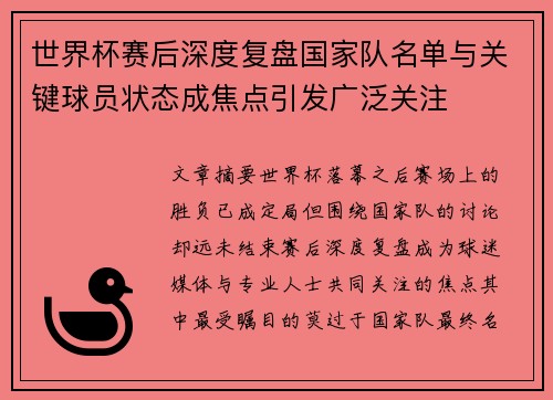 世界杯赛后深度复盘国家队名单与关键球员状态成焦点引发广泛关注