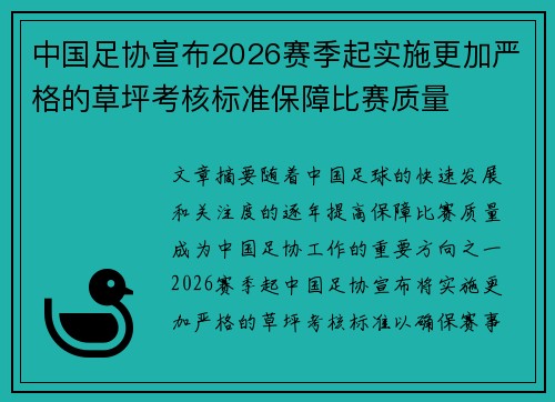 中国足协宣布2026赛季起实施更加严格的草坪考核标准保障比赛质量