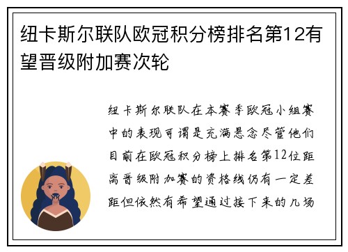 纽卡斯尔联队欧冠积分榜排名第12有望晋级附加赛次轮 纽卡斯尔联队欧冠积分榜排名第12有望晋级附加赛次轮