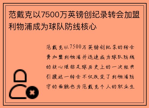 范戴克以7500万英镑创纪录转会加盟利物浦成为球队防线核心 范戴克以7500万英镑创纪录转会加盟利物浦成为球队防线核心